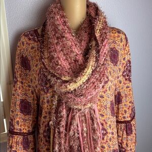 Crochet stripped knit extra long fringe scarf wine and rose tones